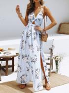 Choies Light Blue Plunge Floral Print Thigh Split  Chic Women Maxi Dress