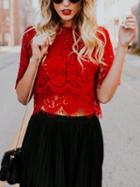 Choies Red Crew Neck Lace Blouse