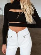 Choies Black High Neck Long Sleeve Chic Women Knit Crop Blouse