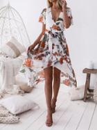 Choies White Chiffon Plunge Floral Print Tie Waist Chic Women Hi-lo Dress