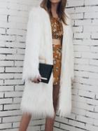Choies White Fluffy Hooded Faux Fur Longline Coat