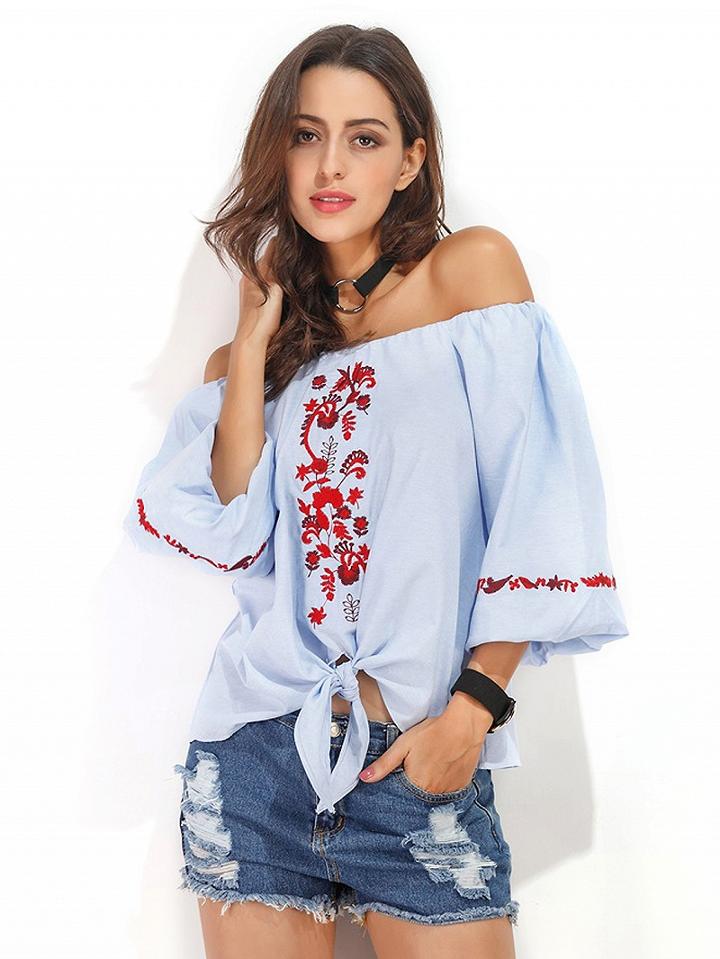 Choies Blue Off Shoulder Embroidery Puff Sleeve Top
