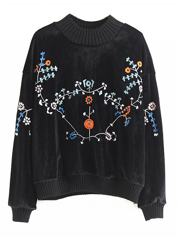 Choies Black Velvet Embroidery Floral Sweatshirt