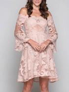 Choies Nude Pink Off Shoulder Cut Out Detail Flare Sleeve Lace Dress