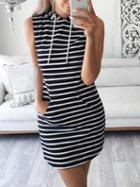 Choies Black Stripe Drawstring Hooded Pouch Pocket Sleeveless Sweat Dress