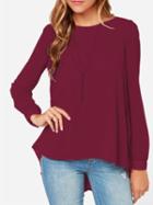 Choies Wine Red Keyhole Hi-lo Ruffle Pleat Chiffon Blouse