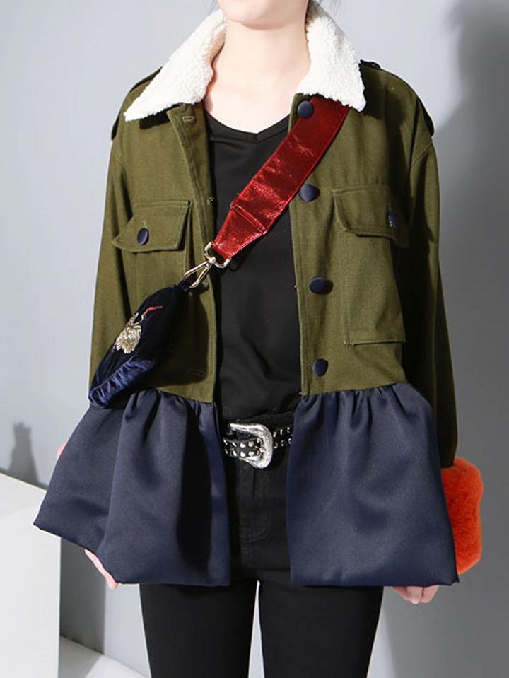 Choies Army Green Lapel Faux Fur Trim Ruffle Hem Coat