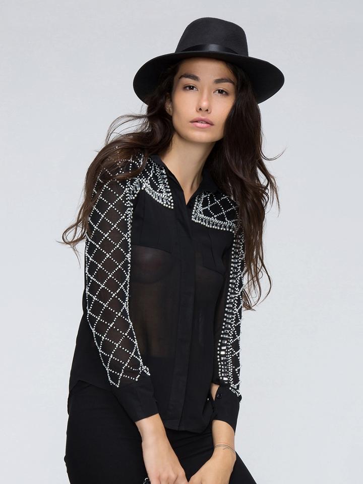 Choies Black Jeweled Geo Pattern Detail Button Front Blouse