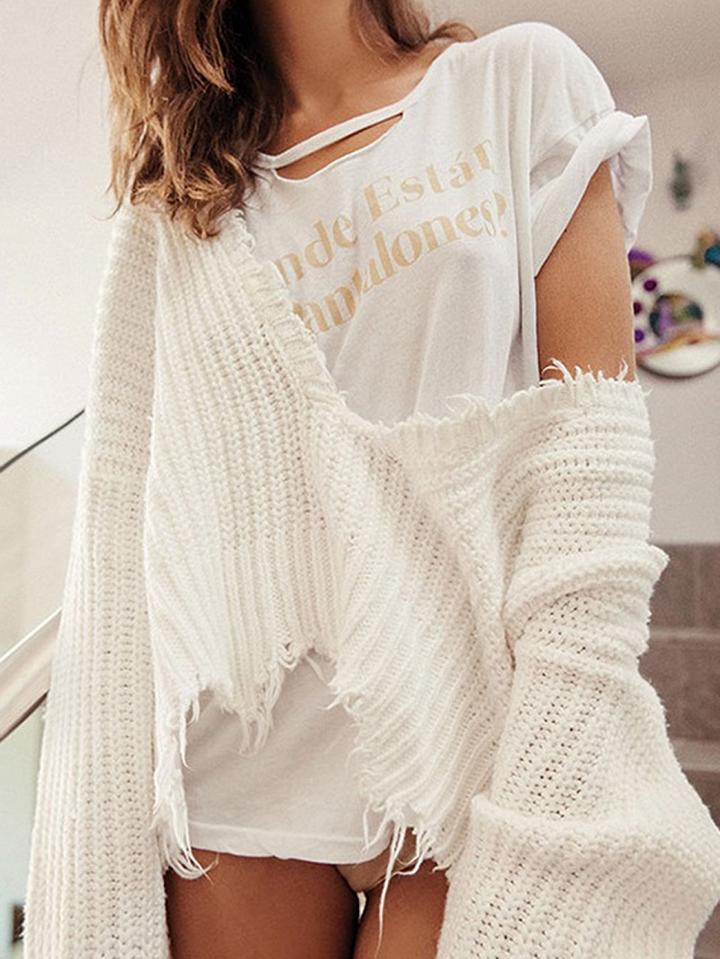Choies White V-neck Tassel Trim Long Sleeve Chic Women Knit Sweater