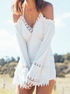 Choies White V Neck Crochet Lace Detail Long Sleeve Mini Dress