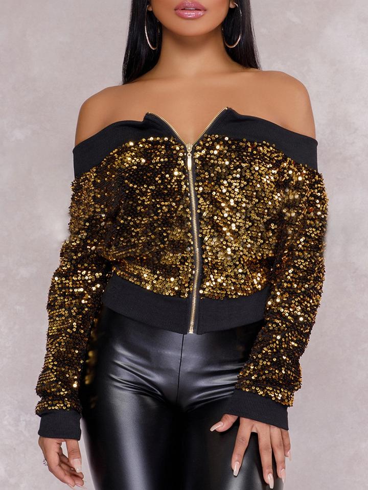 Choies Gold Off Shoulder Sequin Detail Long Sleeve Bomber Jacket