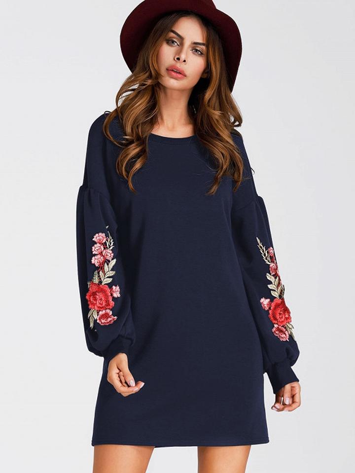 Choies Navy Blue Embroidery Floral Puff Sleeve Mini Dress