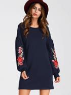 Choies Navy Blue Embroidery Floral Puff Sleeve Mini Dress