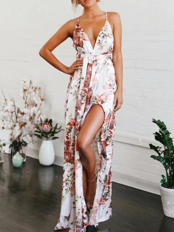 Choies White Plunge Cross Strap Back Print Detail Thigh Split Dress