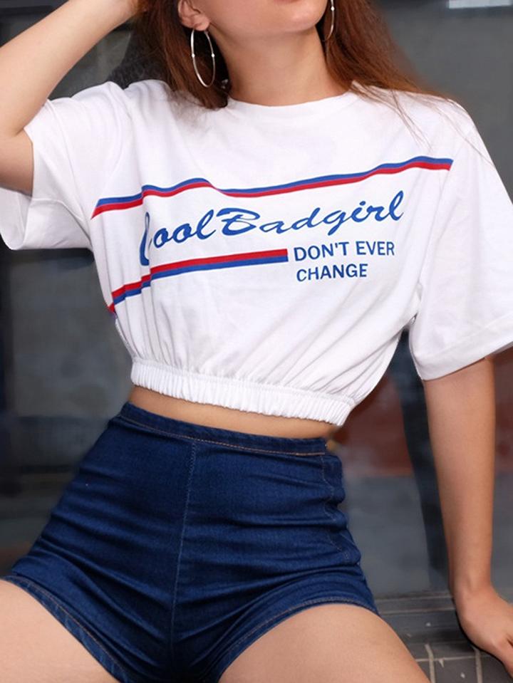 Choies White Cotton Letter And Stripe Print Chic Women Crop T-shirt