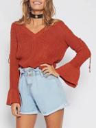 Choies Brownish Red V-neck Lace Up Shoulder Flared Sleeve Knit Sweater
