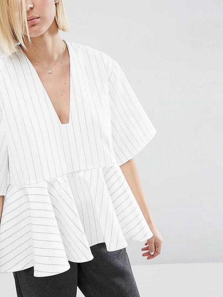 Choies White Stripe V-neck Ruffle Hem Blouse