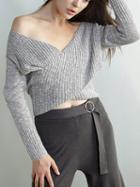 Choies Gray V-neck Cross Wrap Long Sleeve Knit Sweater
