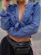 Choies Dark Blue Frill Trim Long Sleeve Chic Women Crop Denim Shirt