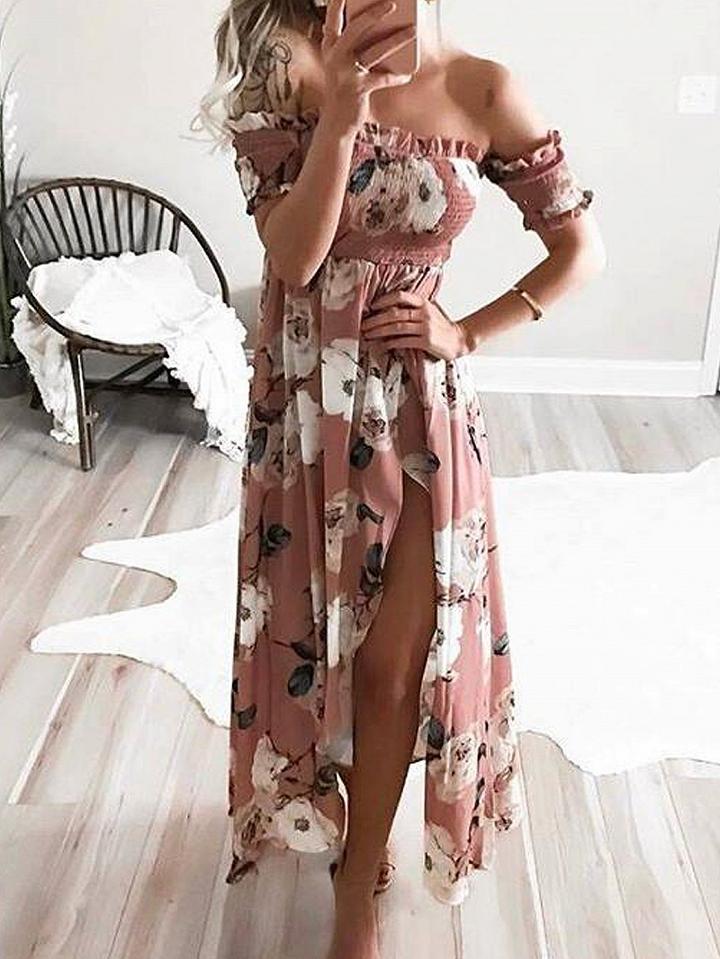 Choies Pink Off Shoulder Shirred Floral Print Wrap Maxi Dress