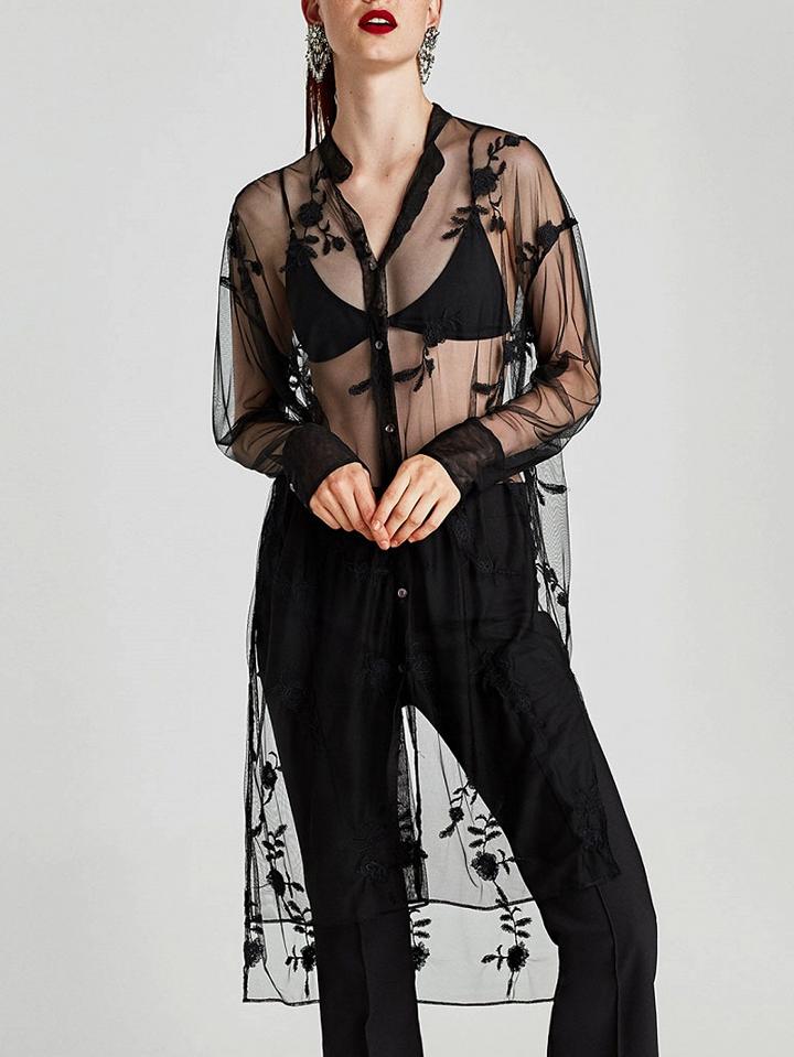 Choies Black Embroidery Long Sleeve Sheer Mesh Shirt Dress