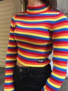 Choies Polychrome Stripe Cotton High Neck Long Sleeve Women Crop Top