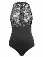 Choies Black Sheer Lace Top Open Back One-piece Swimsuit