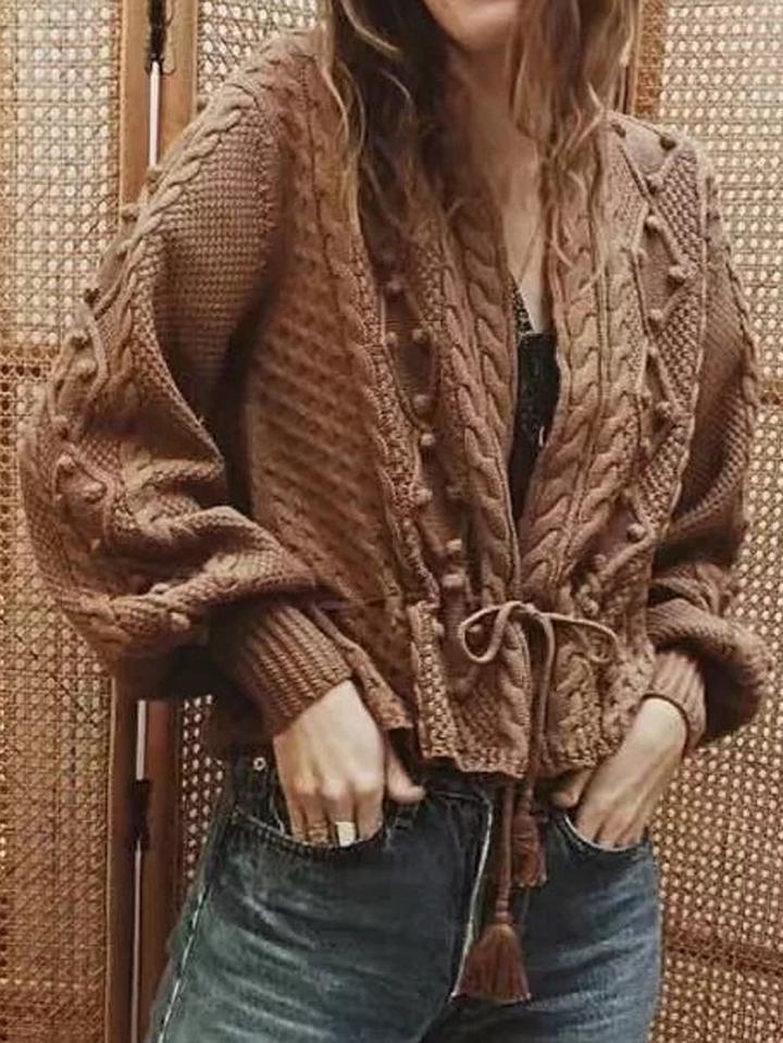 Choies Pink Tie Waist Cable Chunky Long Sleeve Cardigan