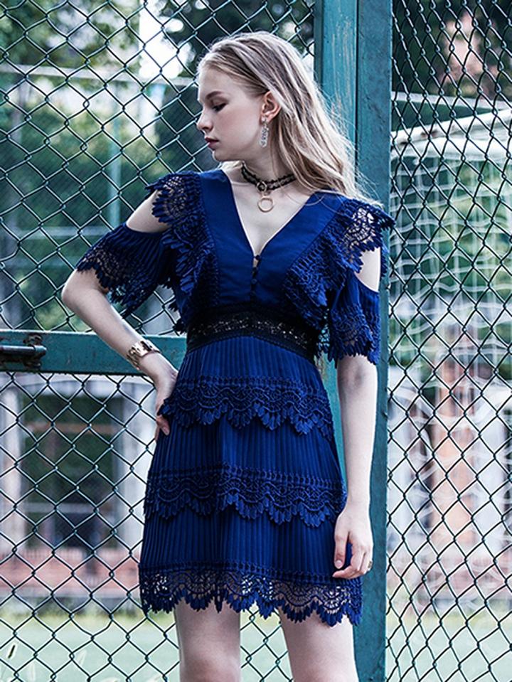 Choies Dark Blue V Neck Cold Shoulder Lace Panel A-line Dress