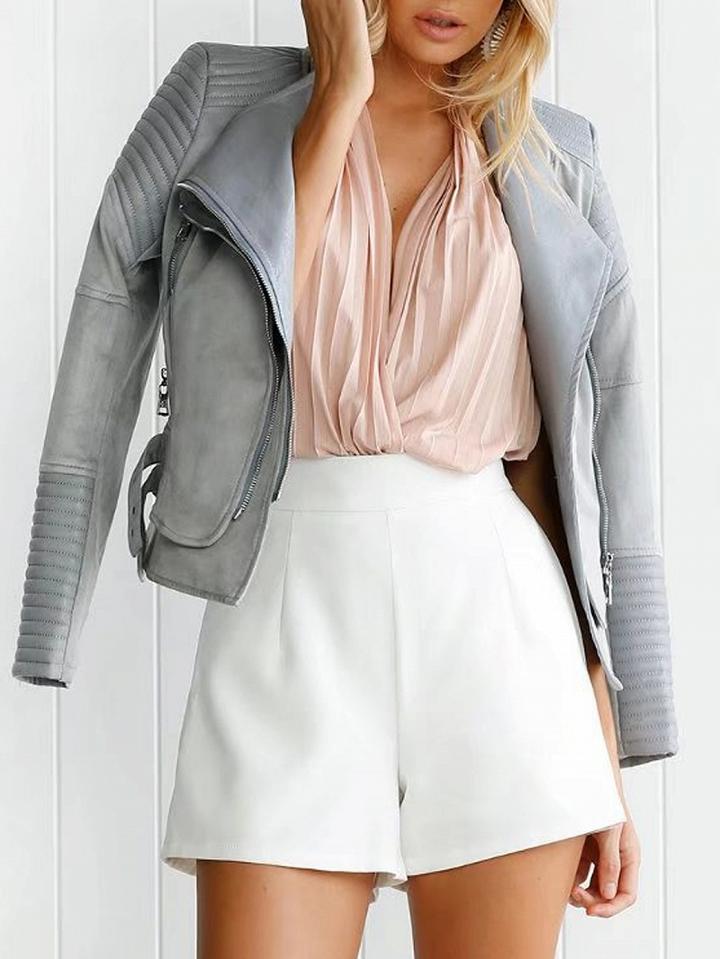 Choies Gray Faux Suede Lapel Pu Panel Biker Jacket