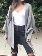 Choies Gray Open Front Puff Sleeve Chic Women Knit Cardigan