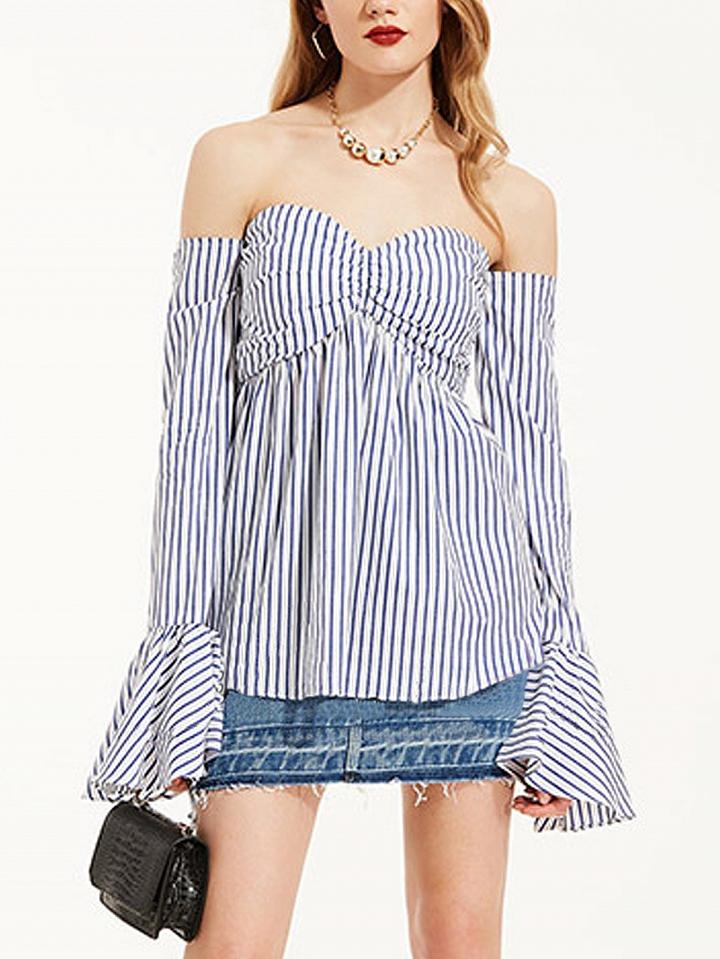 Choies Blue Stripe Off Shoulder Sweetheart Ruffle Cuff Long Sleeve Top