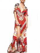 Choies Red Plunge Print Detail Cut Out Back Ruffle Trim Maxi Dress