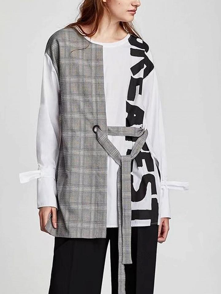 Choies White Plaid Contrast Letter Print Tie Waist Long Sleeve Blouse