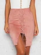 Choies Pink Faux Suede High Waist Lace Up Front Pencil Skirt