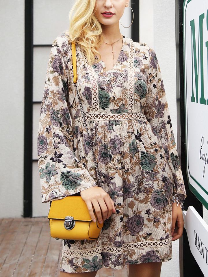 Choies Polychrome V-neck Floral Print Cut Out Detail Mini Dress