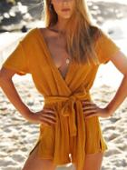 Choies Yellow Plunge Tie Waist Long Sleeve Ribbed Playsuit