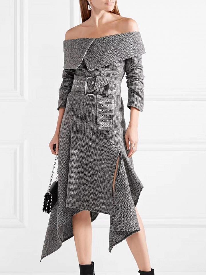 Choies Gray Off Shoulder Buckle Waist Asymmetric Hem Wool Blend Dress
