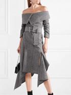 Choies Gray Off Shoulder Buckle Waist Asymmetric Hem Wool Blend Dress