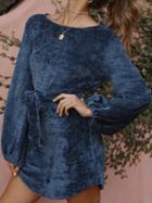 Choies Blue Corduroy Tie Waist Puff Sleeve Chic Women Mini Dress