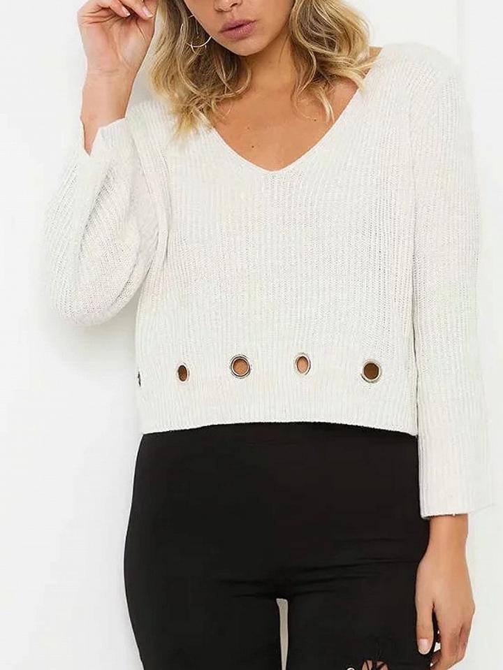 Choies White V-neck Eyelet Detail Long Sleeve Cropped Knit Jumper