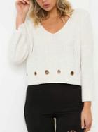 Choies White V-neck Eyelet Detail Long Sleeve Cropped Knit Jumper