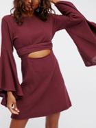 Choies Burgundy Cut Out Detail Flare Sleeve Mini Dress