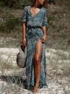 Choies Blue V-neck Folk Print Thigh Split Front Maxi Dress