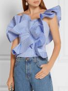 Choies Blue Striped One Shoulder Structured Ruffle Top