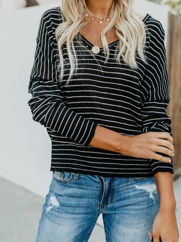 Choies Black Stripe Cotton Long Sleeve Chic Women T-shirt