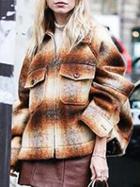 Choies Brown Plaid Zip Front Wool Blend Jacket
