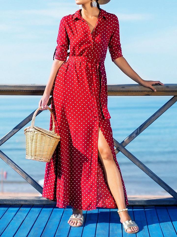 Choies Red Cotton Polka Dot Print Tie Waist Long Sleeve Women Maxi Dress