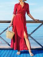 Choies Red Cotton Polka Dot Print Tie Waist Long Sleeve Women Maxi Dress