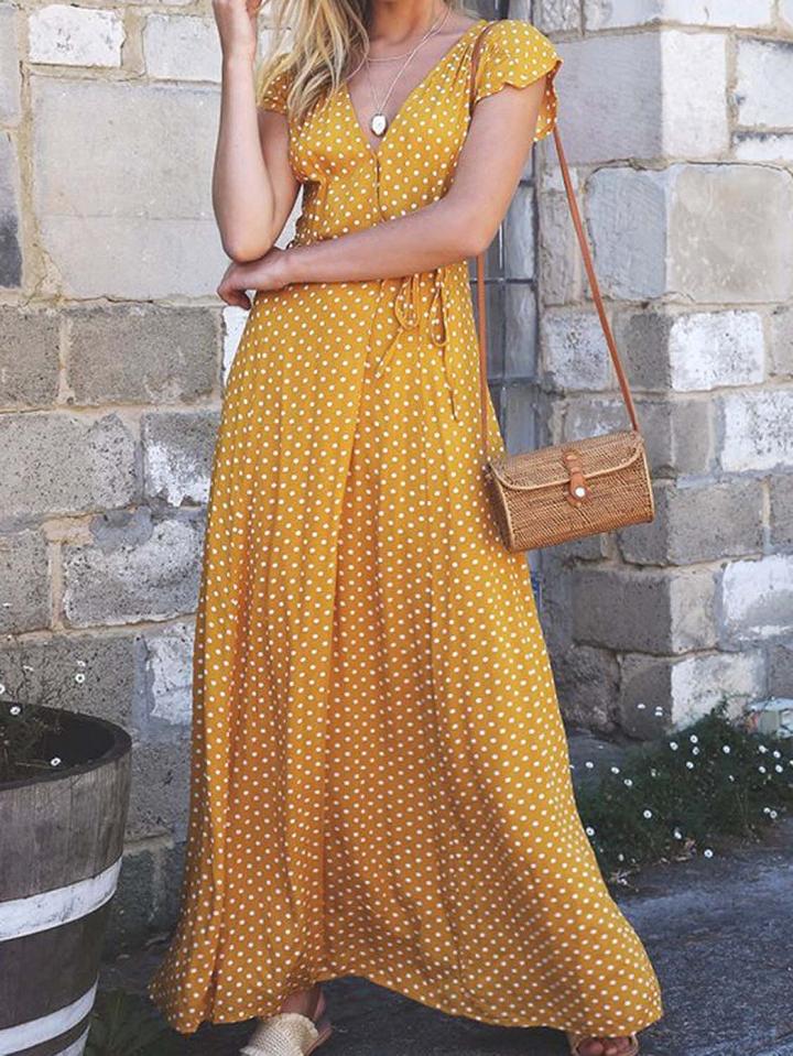 Choies Yellow V-neck Polka Dot Print Tie Waist Chic Women Maxi Dress